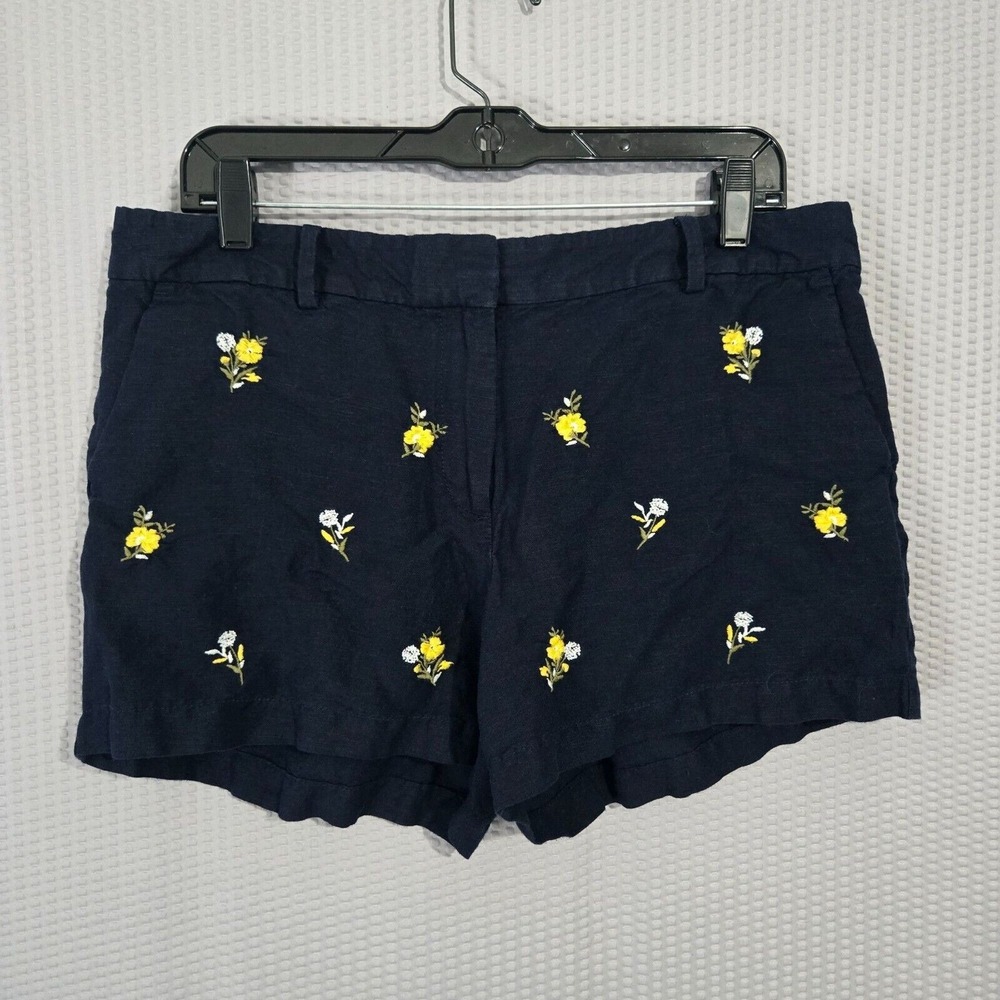 LOFT Womens Navy Blue Floral Embroidered Linen Shorts Size 8 Cottagecore Summer